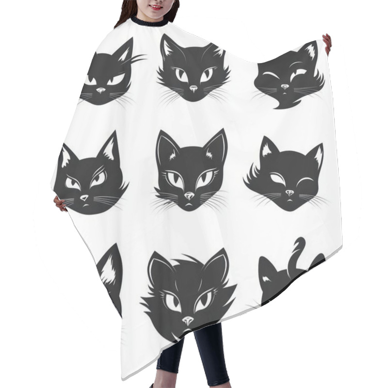 Personality  A Collection Of Nine Playful Black Cat Illustrations, Showcasing Different Expressions And Features. Hair Cutting Cape