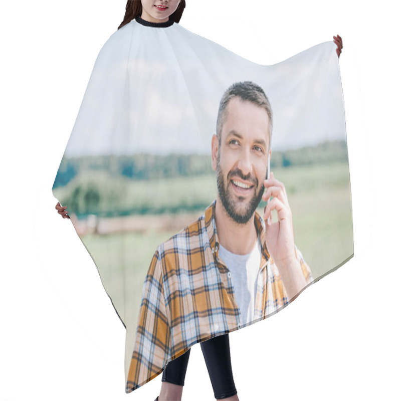 Personality  Smiling Middle Aged Farmer Talking By Smartphone In Field Hair Cutting Cape