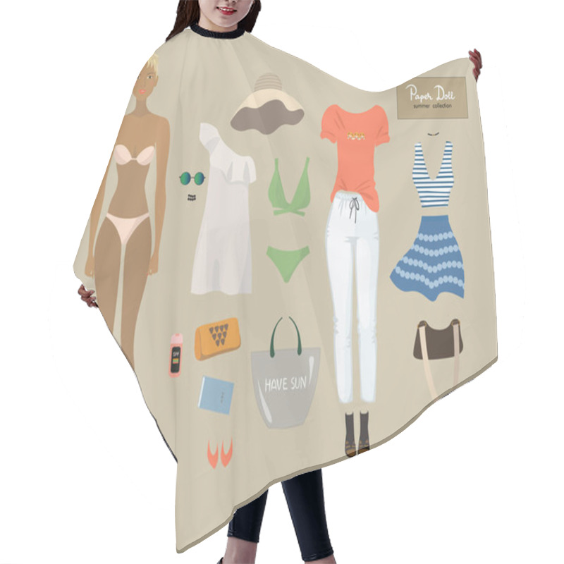 Personality  Dress Up Paper Doll. Female Body Template. Summer Wardrobe With Trendy Outfits.  Hair Cutting Cape