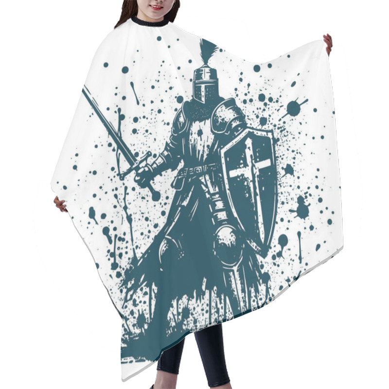 Personality  Medieval Knight In Metal Armor Stands In A Fighting Stance Holding A Sword And Shield At The Ready Abstract Vector Stencil Drawing Hair Cutting Cape