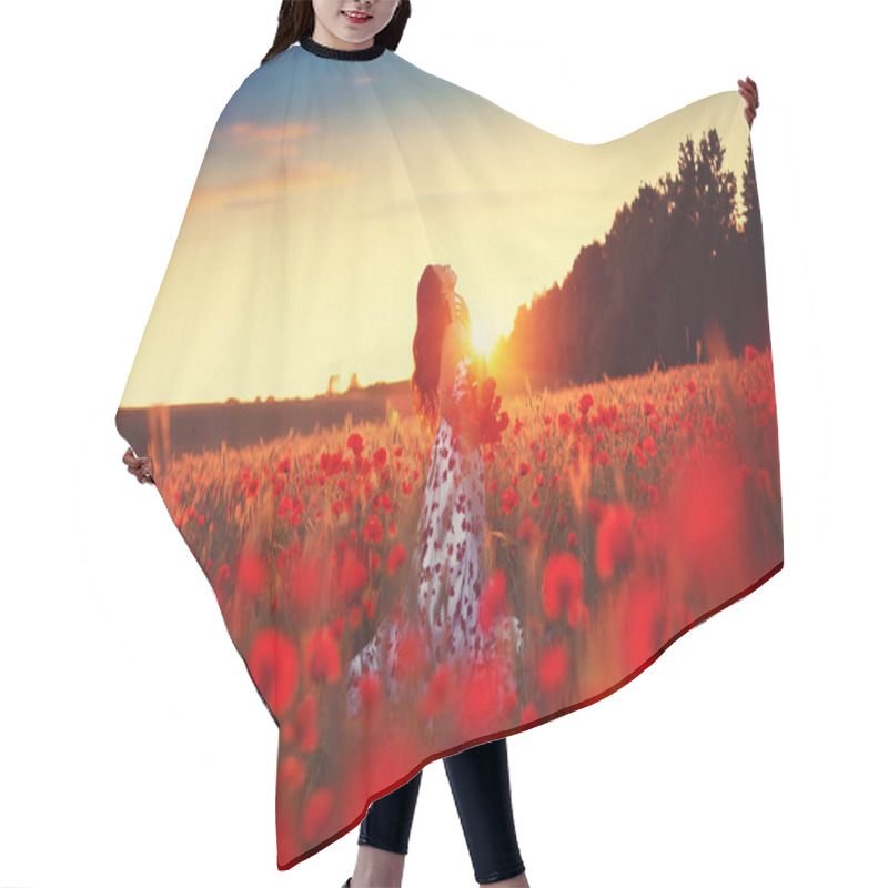 Personality  A Beautiful Young Girl In A Long Dress Stands In A Poppy Field. Silhouette Sunset Photo. Hair Cutting Cape