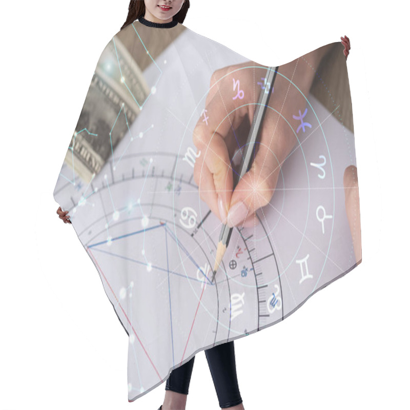 Personality  Cropped View Of Astrologer Drawing Natal Chart Beside Dollar Banknotes And Constellations Hair Cutting Cape