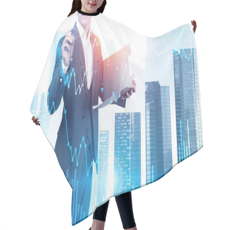 Personality  Unrecognizable Businessman Using Interactive Financial Graph Interface In Blurry City With Double Exposure Of Big Bar Chart. Concept Of Stock Market And Investment. Toned Image Hair Cutting Cape