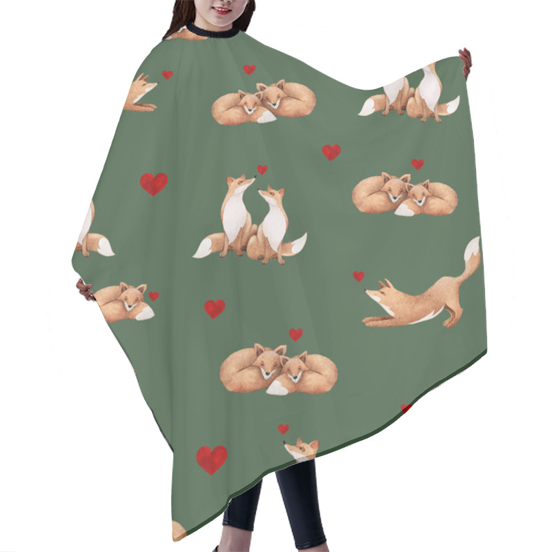 Personality  Cute And Playful Fox Design On A Green Background With Hearts Perfect For Fabric Or Wallpaper Hair Cutting Cape