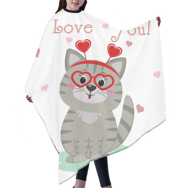 Personality  Congratulations On Valentine S Day. Cute Gray Kitten In Glasses With Hearts And A Bezel Sits On The Background Of Hearts. Text I Love You. Flat Design, Cartoon Style, Vector Hair Cutting Cape