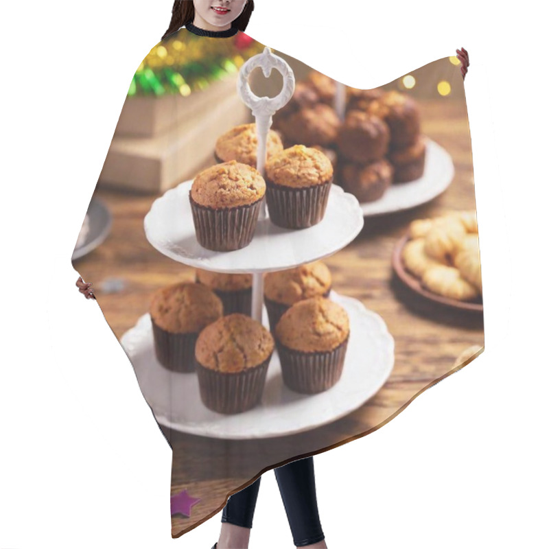 Personality  Closeup Of Delicious Homemade Cupcakes On Kitchen Table Hair Cutting Cape