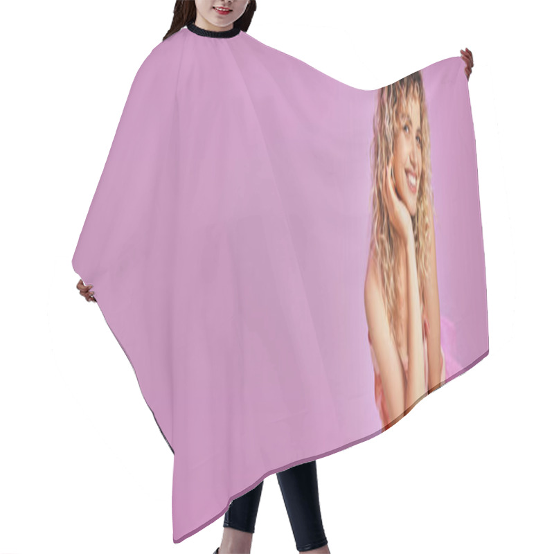 Personality  Joyous Lovely Woman In Pink Costume Smiling Sincerely At Camera With Hand Up To Face, Banner Hair Cutting Cape