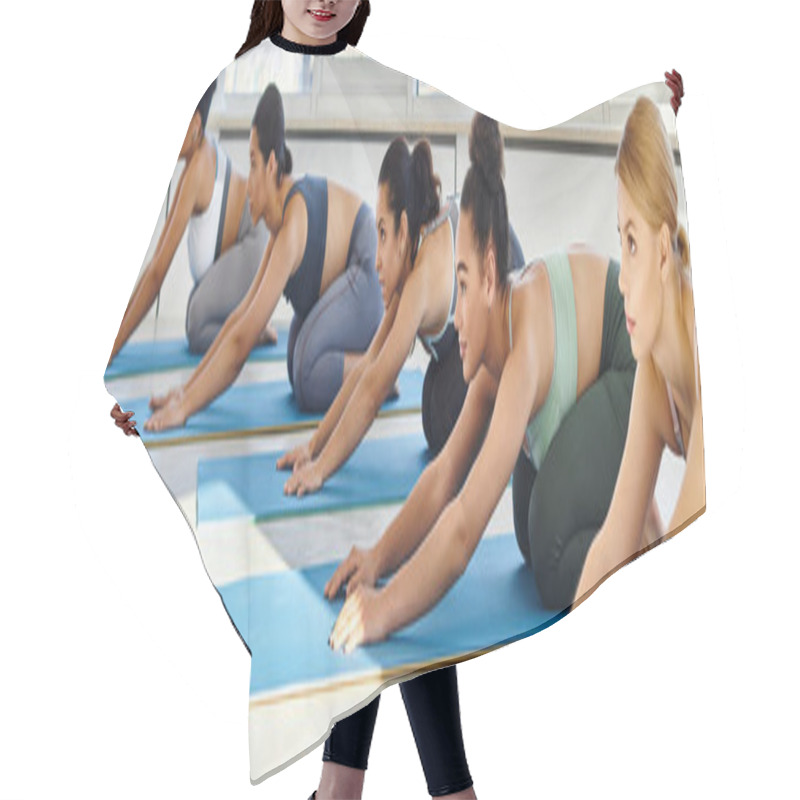 Personality  Group Of Five Multicultural Women In 20s Stretching Back While Practicing Yoga On Mats, Banner Hair Cutting Cape