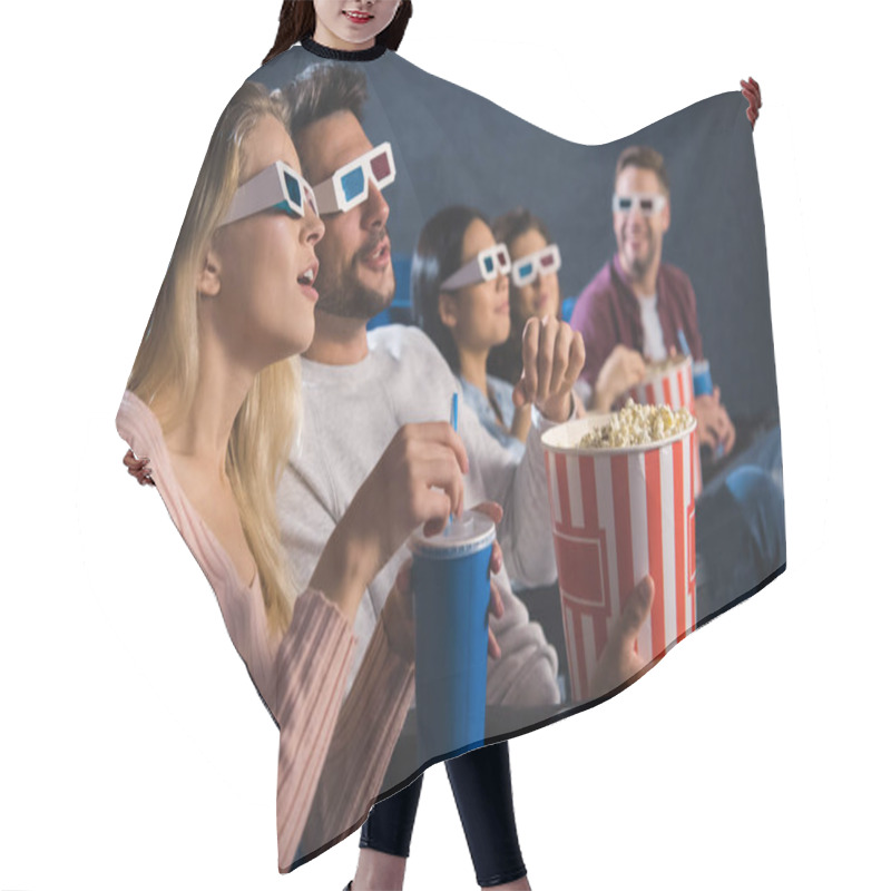 Personality  Multiethnic Friends In 3d Glasses With Popcorn Watching Film Together In Movie Theater Hair Cutting Cape