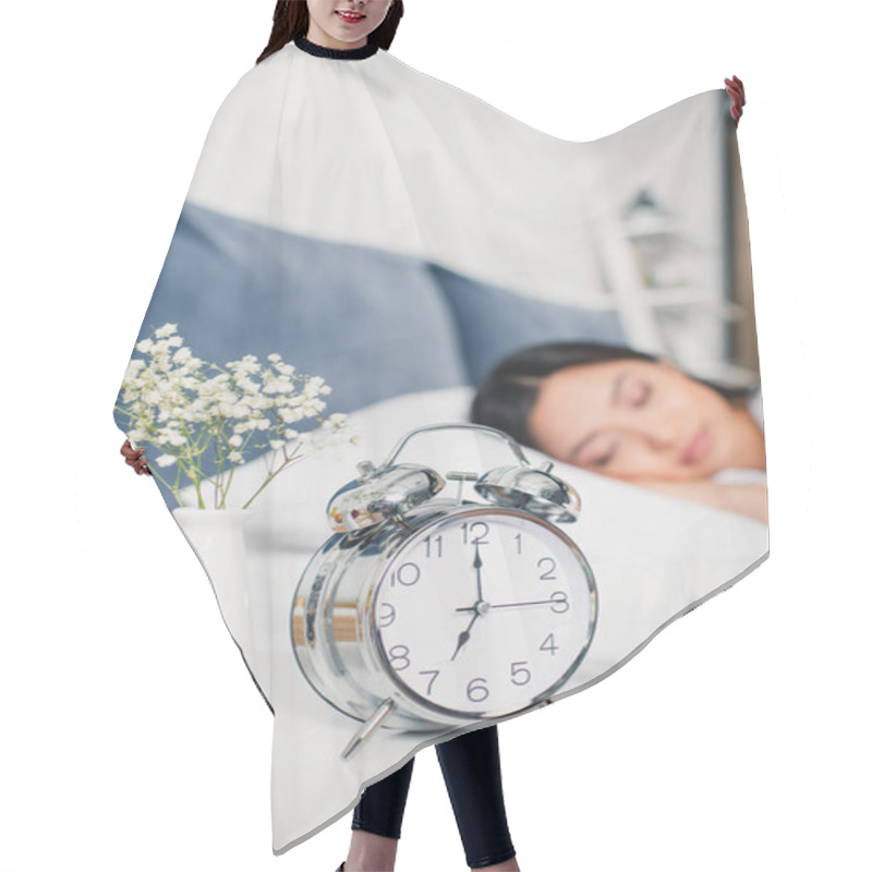 Personality  Selective Focus Of Alarm Clock And Flowers In Vase On Bedside Table And Asian Woman Sleeping On Bed At Morning  Hair Cutting Cape