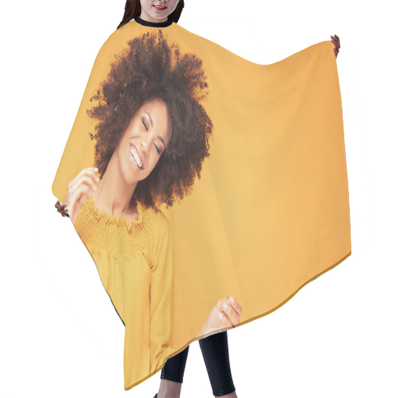 Personality  Happy Afro Woman With Beautiful Smile. Hair Cutting Cape