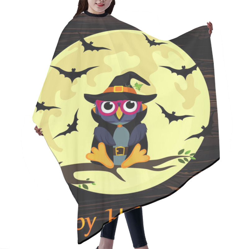 Personality  Halloween. Cartoon Owl In A Witch Costume Against A Background Of The Moon With Bats Sitting On A Branch. Vector On Wooden Background. Poster / Invitation / Greeting Card On Holiday. Hair Cutting Cape