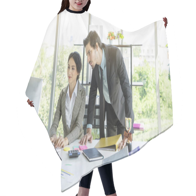 Personality  Woman And Man Colleagues Working Together In Co Working Area Hair Cutting Cape