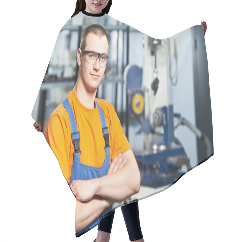 Personality  Portrait Of Experienced Industrial Worker Hair Cutting Cape