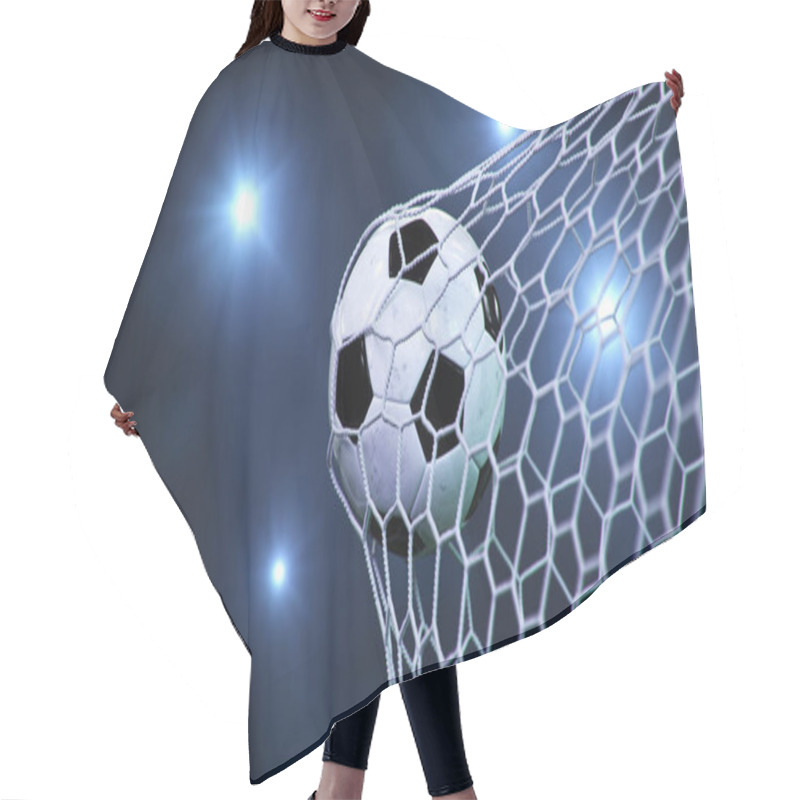 Personality  Soccer Ball Flew Into The Goal. Soccer Ball Bends The Net, Against The Background Of Flashes Of Light. Soccer Ball In Goal Net On Blue Background. A Moment Of Delight. 3D Illustration Hair Cutting Cape