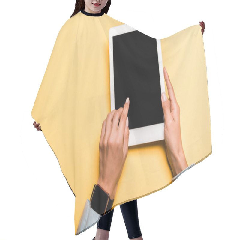 Personality  Cropped View Of Girl Pointing With Finger At Digital Tablet With Blank Screen On Orange  Hair Cutting Cape