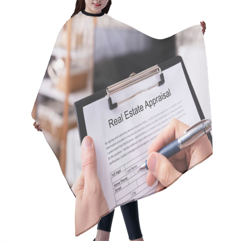 Personality  Close-up Of A Man's Hand Filling Real Estate Appraisal Form At Home Hair Cutting Cape