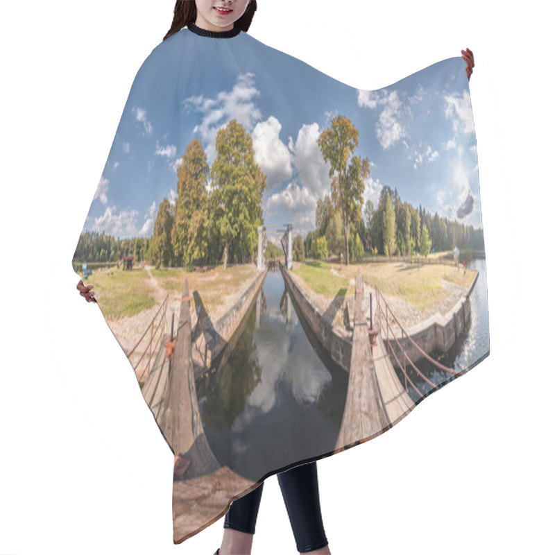 Personality  Full Spherical Seamless Panorama 360 Angle View Degrees Near Gateway Lock Drawbridge Construction On River, Canal For Passing Vessels At Different Water Levels In Equirectangular Projection. Hair Cutting Cape