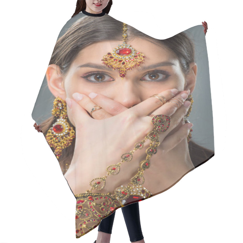 Personality  Shocked Indian Girl Closing Mouth With Hands, Isolated On Grey  Hair Cutting Cape