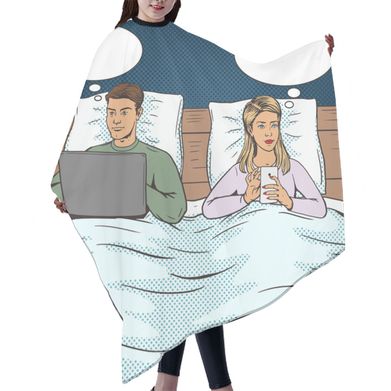 Personality  Young Couple Bed And Gadget Pop Art Style Vector Hair Cutting Cape