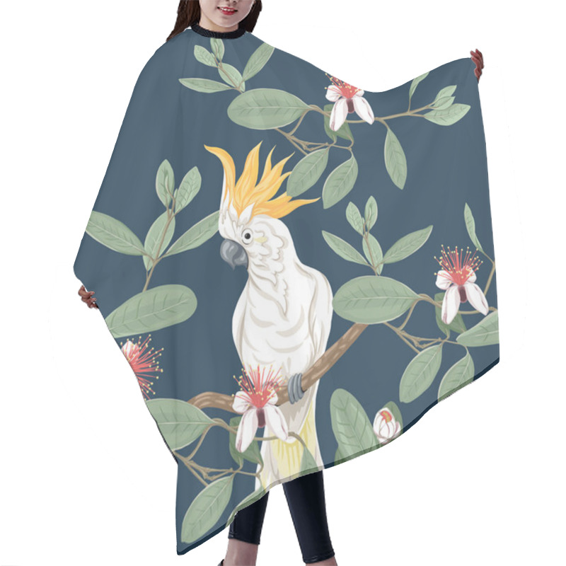 Personality  Seamless Pattern, Background With Floral Pattern With Feijoa Blooming Flowers  And Cockatoo Parrot. Vector Illustration Without Gradients And Transparency.  On Dark Blue Background. Hair Cutting Cape