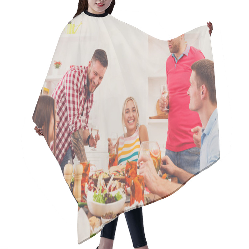 Personality  Group Of Happy Young People At Dinner Table, Friends Party Hair Cutting Cape