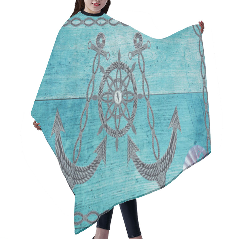 Personality  Compass Anchor And Steering Wheel Image On Wood Hair Cutting Cape