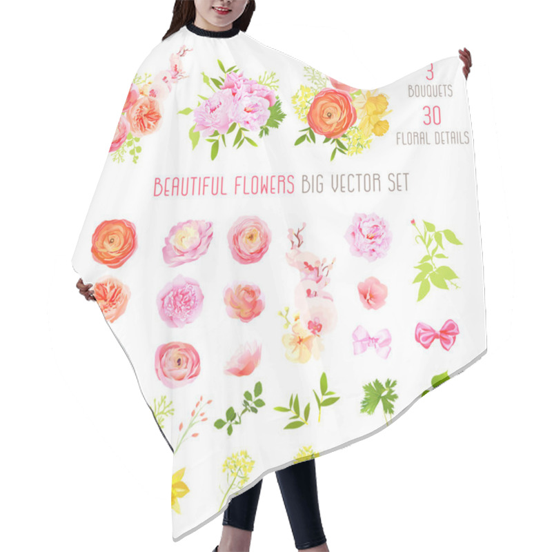 Personality  Ranunculus, Rose, Peony, Narcissus, Orchid Flowers And Decorativ Hair Cutting Cape