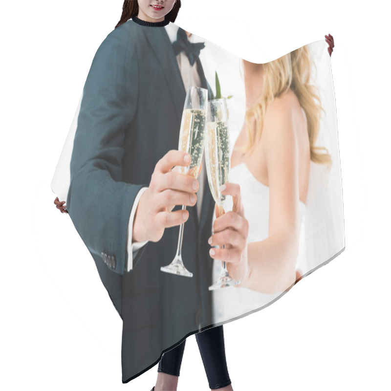 Personality  Selective Focus Of Bride And Groom Clinking Glasses Of Champagne Isolated On White  Hair Cutting Cape