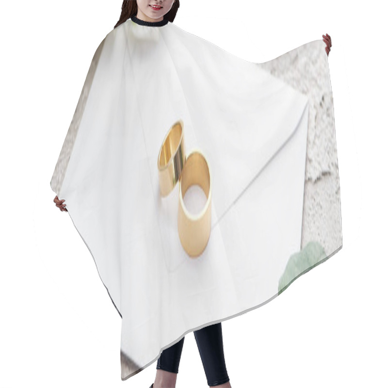 Personality  Panoramic Shot Of Golden Rings On White Envelope Near Roses On Grey Textured Hair Cutting Cape