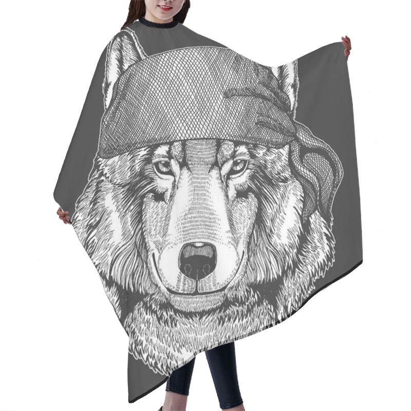 Personality  Wolf Dog Cool Pirate, Seaman, Seawolf, Sailor, Biker Animal For Tattoo, T-shirt, Emblem, Badge, Logo, Patch. Image With Motorcycle Bandana Hair Cutting Cape