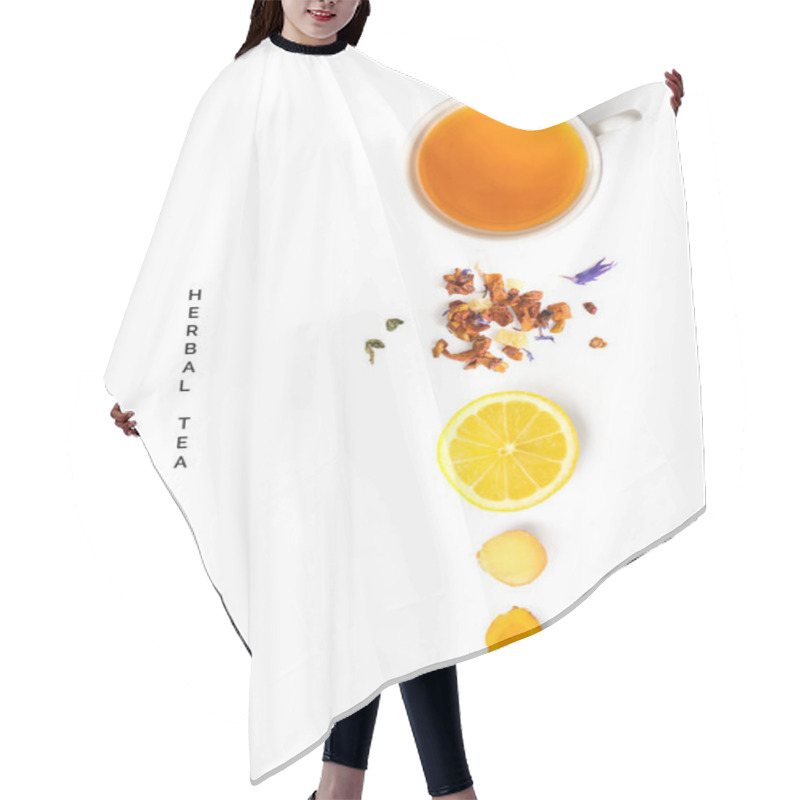 Personality  Creative Layout Made Of Cup Of Herbal Tea, Lemon, Ginger On A White Background. Top View Hair Cutting Cape