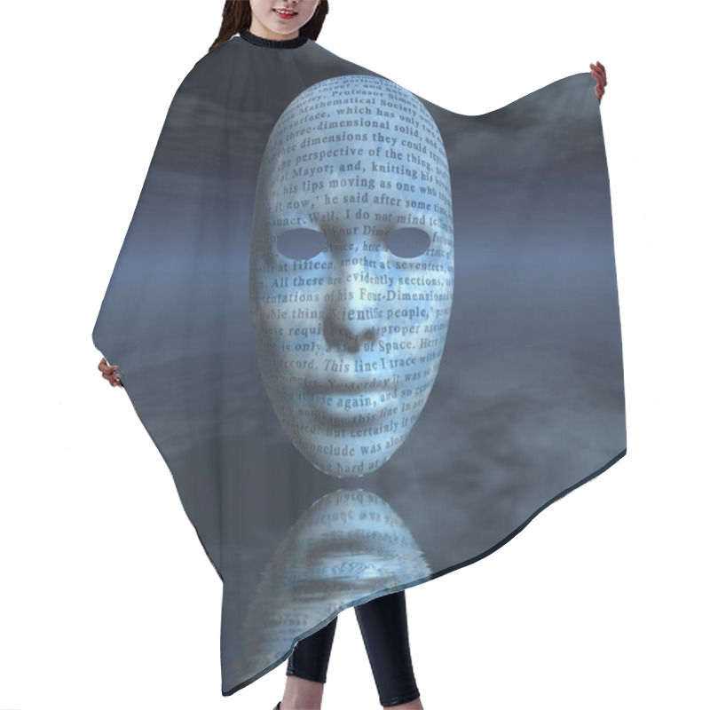 Personality  Surreal Digital Art. Woman's Mask With Text Reflects In Water. 3D Rendering. Hair Cutting Cape