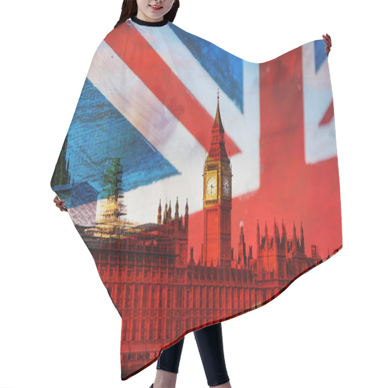 Personality  Brexit Concept - Double Exposure Of UK Landmarks And Flag Hair Cutting Cape