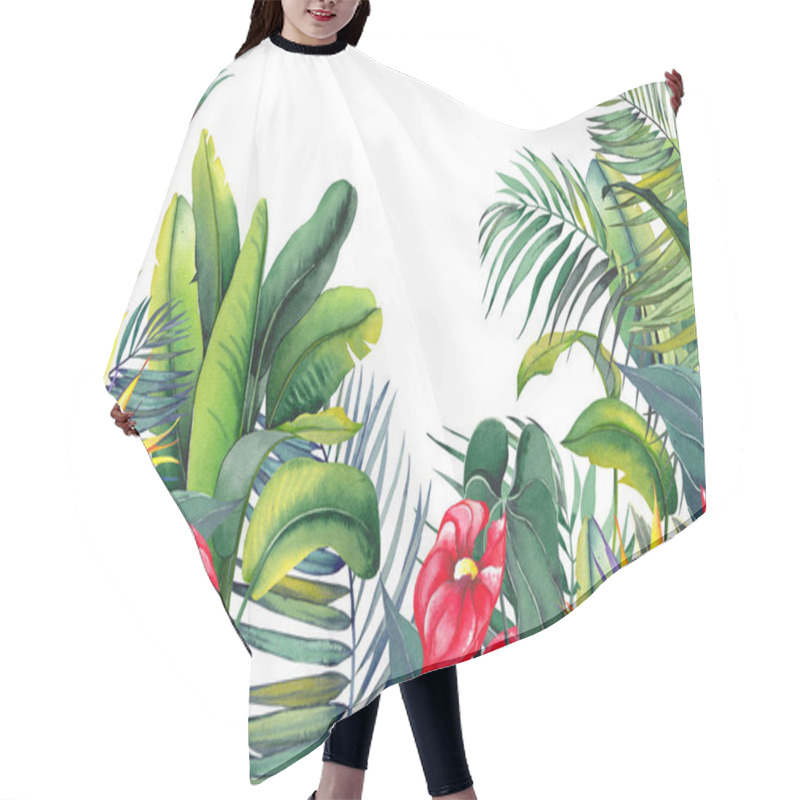 Personality  Tropical Wallpaper With Red Flamingo Flowers, Exotic Strelitzia, Palm Trees And Banana Leaves. Watercolor Illustration On White Background.  Hair Cutting Cape