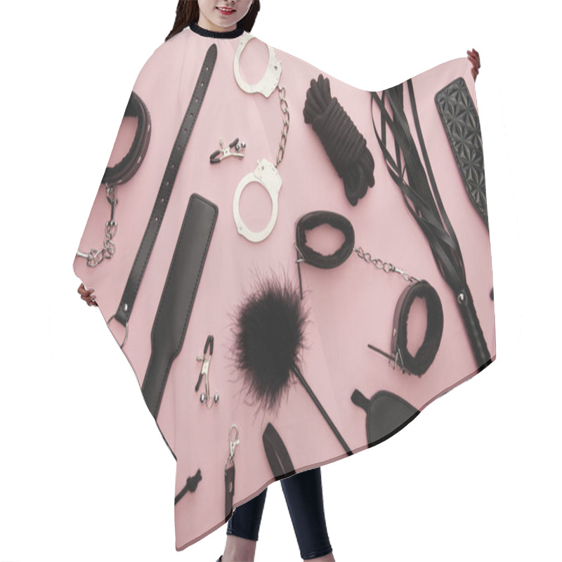 Personality  Top View Of Black Sex Toys On Pink Background Hair Cutting Cape