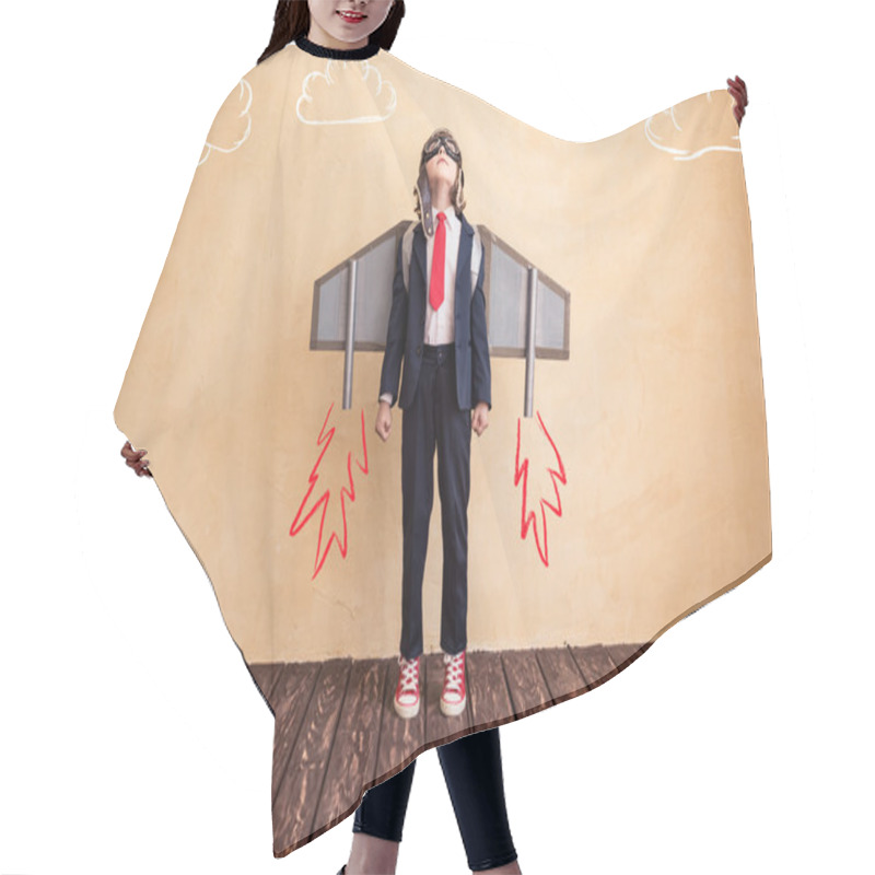 Personality  Young Businessman With Toy Paper Wings. Hair Cutting Cape