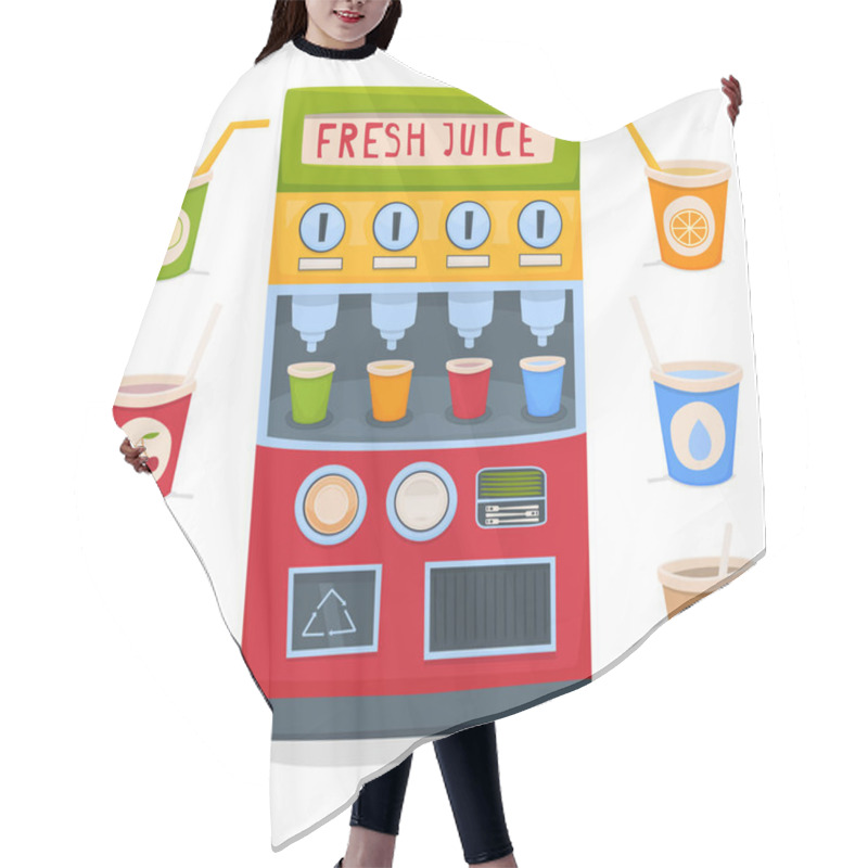 Personality  A Vending Machine For Selling Fresh Fruit Juices, Water, Tea And Coffee Take-away. A Set Of Cups With Drinks. Vector Illustration Hair Cutting Cape