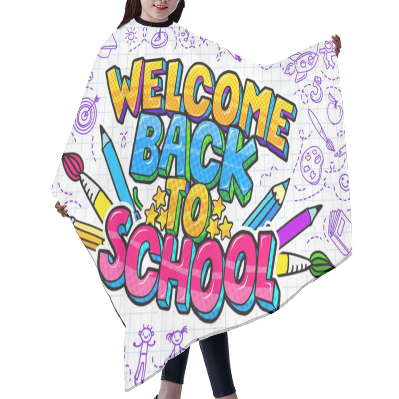 Personality  Concept Of Education. School Background With Hand Drawn School Supplies And Comic Speech Bubble Hair Cutting Cape