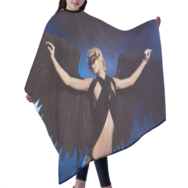 Personality  Beautiful Sexy Woman With Lace Mask And Black Angel Wings Posing On Dark Blue Smoky Background Hair Cutting Cape