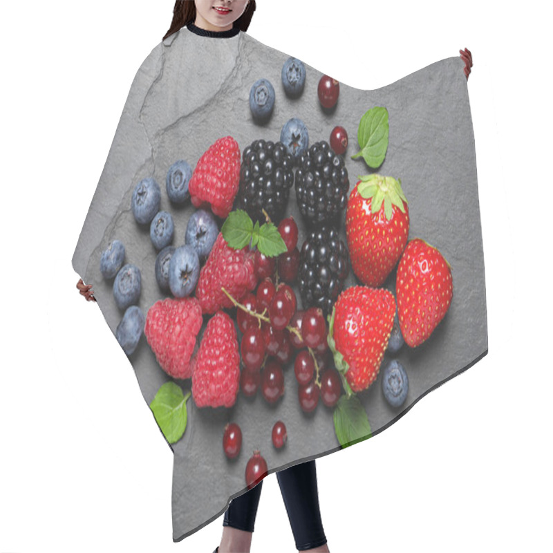 Personality  Many Different Fresh Ripe Berries And Green Leaves On Dark Grey Table, Flat Lay Hair Cutting Cape