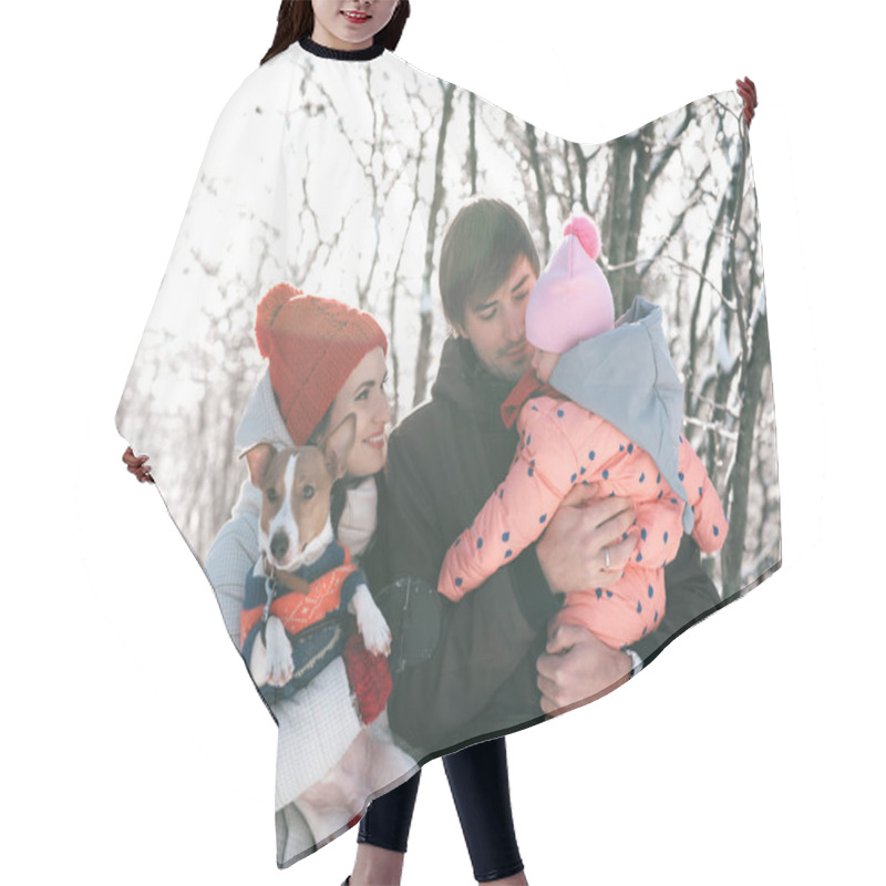 Personality  Young Family Y And Dog In A Winter Park Hair Cutting Cape