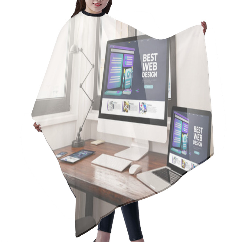 Personality  Devices With Responsive Web Design Desktop 3d Rendering Hair Cutting Cape