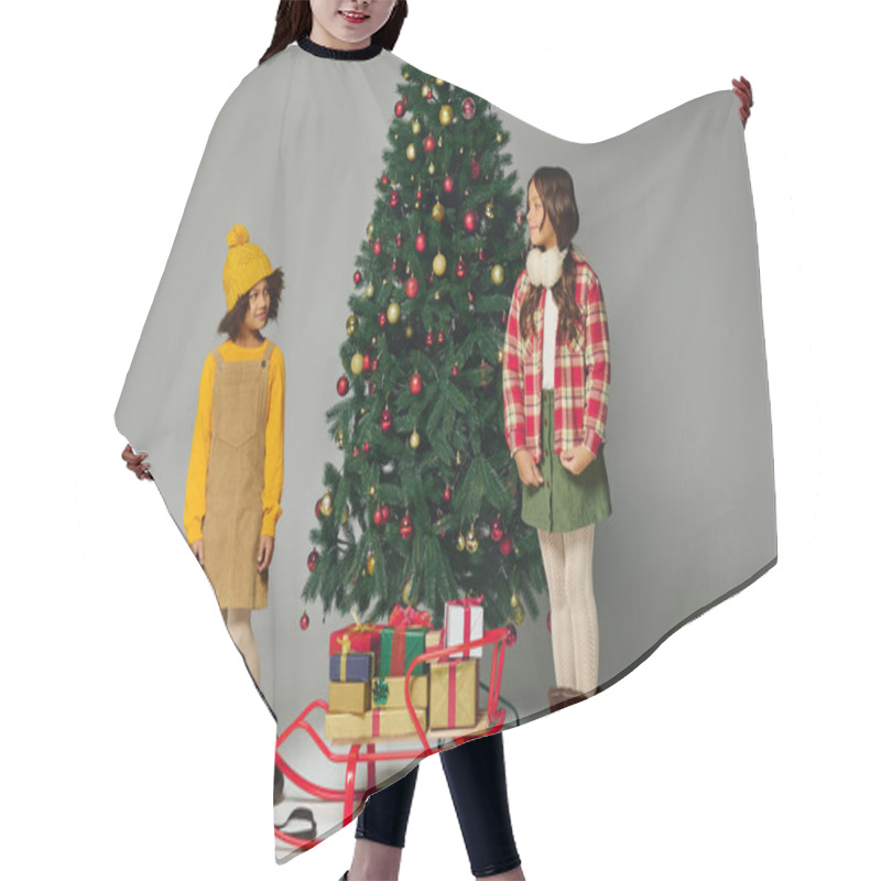 Personality  Two Cheerful Girls Share Laughter Beside A Festive Christmas Tree With Gifts Nearby. Hair Cutting Cape