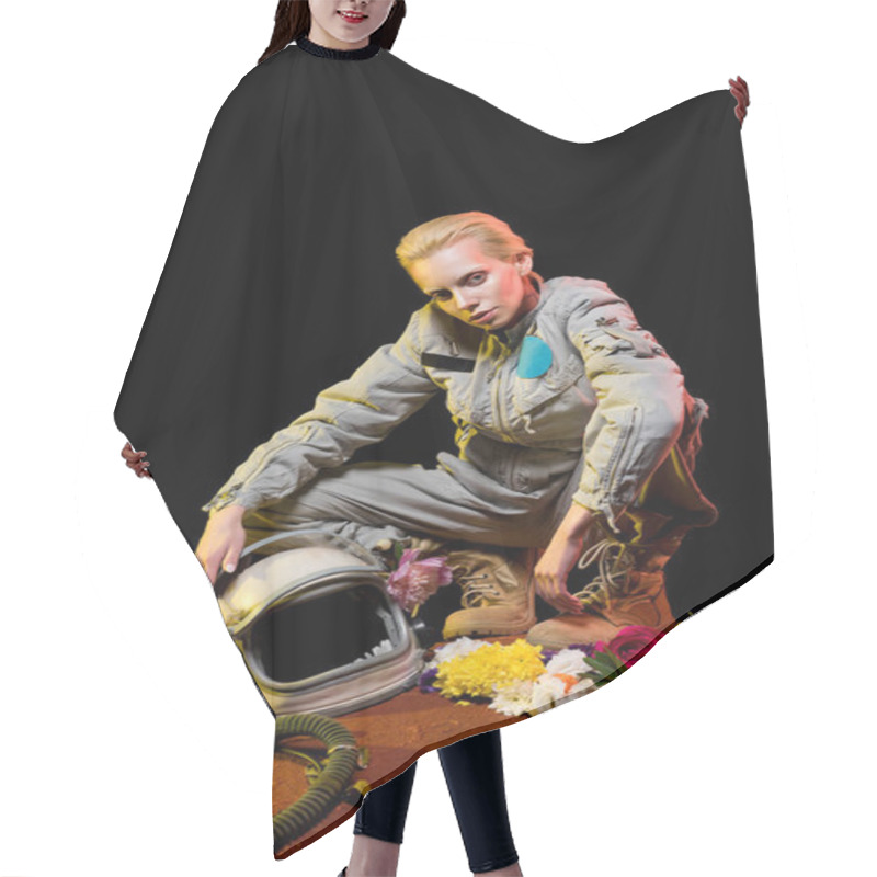 Personality  Stylish Cosmonaut In Spacesuit With Flowers And Helmet Sitting On Planet  Hair Cutting Cape