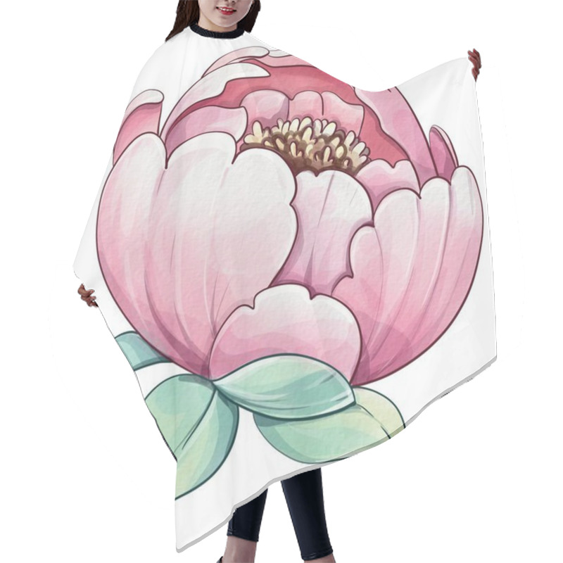 Personality  This Illustration Features A Pink Peony With Soft, Intricate Petals And Lush Green Leaves. The Artwork Highlights The Flowers Elegant Appearance And Natural Beauty. Hair Cutting Cape