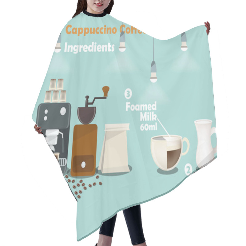 Personality  Graphics Design Of Cappuccino Coffee Recipes, Info Graphics Of Cappuccino Coffee Ingredients, Collection Of Coffee Machine,coffee Grinder, Milk, Espresso Shot For Making A Great Cup Of Coffee. Hair Cutting Cape