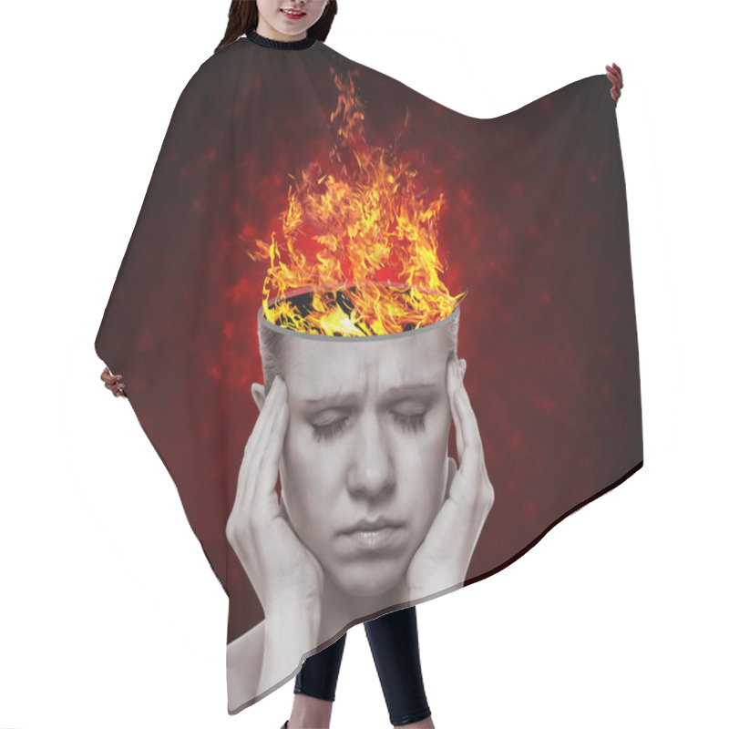 Personality  Concept, An Idea. Head Of Woman With A Flame Of Fire Hair Cutting Cape