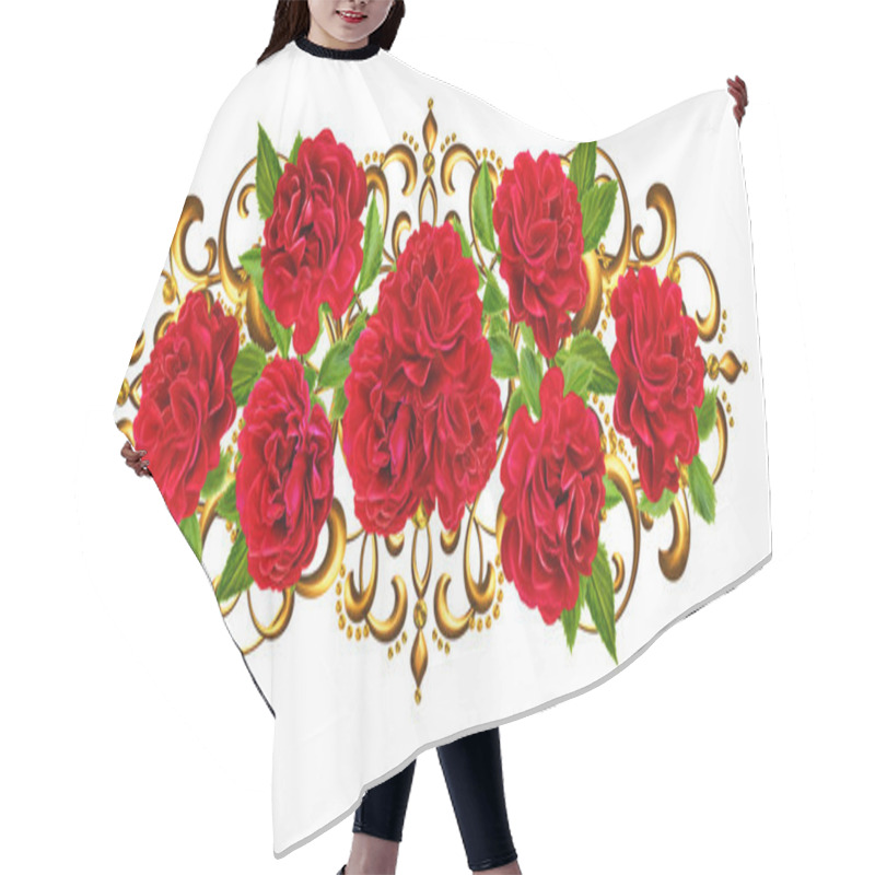 Personality  Composition Of Red Roses In A Gold Frame. Old Style. Isolated. White Background. Hair Cutting Cape