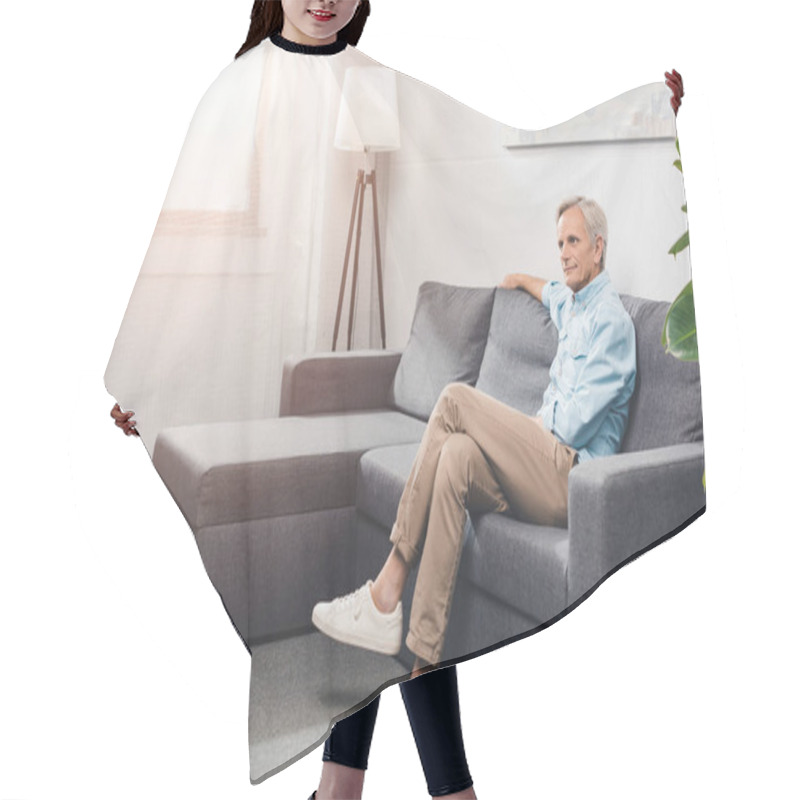 Personality  Senior Man Sitting On Sofa Hair Cutting Cape